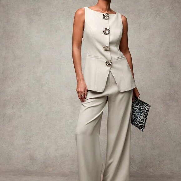 Apricot Elegant Women's Vest With 3d Floral Decor & Pants Set - Picture 3 of 6